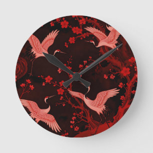 Rode Kraanvogel Kersenbloesem Chinoiserie Patroon Ronde Klok