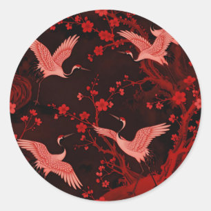 Rode Kraanvogel Kersenbloesem Chinoiserie Patroon Ronde Sticker
