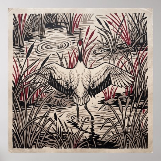 Rode Kraanvogel Riet Kunst Poster (Voorkant)