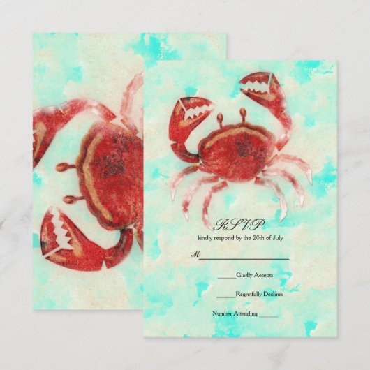 Rode Krab Elegante Strand Verlovingsbruiloft RSVP Kaart (Voorkant / Achterkant)