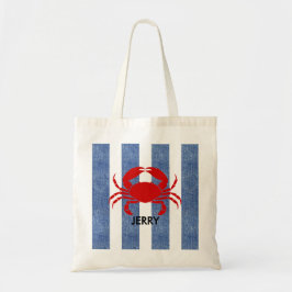 Rode krab op blauwe denim strepen tote bag
