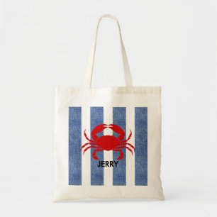 Rode krab op blauwe denim strepen tote bag