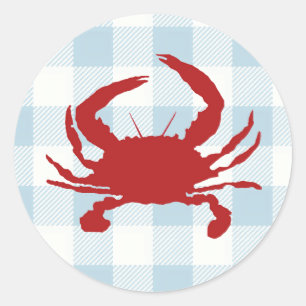 Rode Krab Schilderij Nautisch Blauw Gingham Check Ronde Sticker