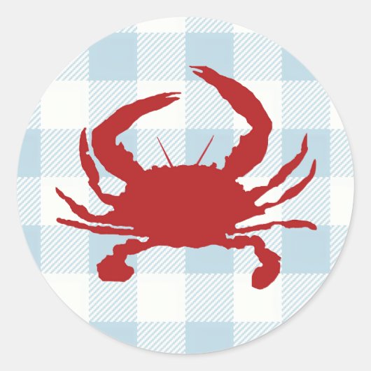 Rode Krab Schilderij Nautisch Blauw Gingham Check Ronde Sticker (Voorkant)