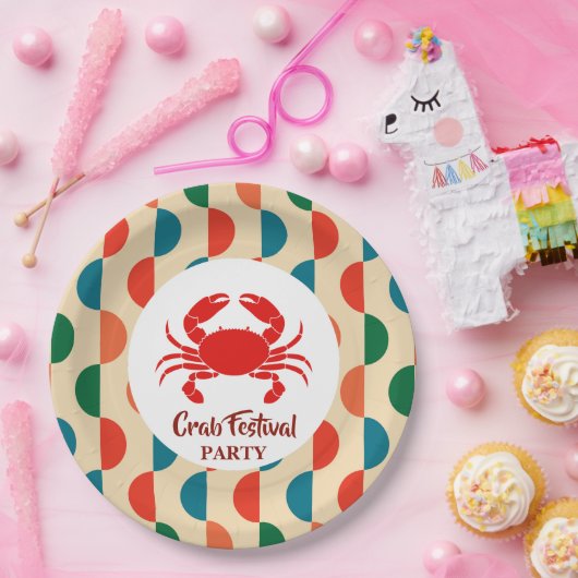 Rode Krab Zeevruchten Nautische Strepen geometrisc Papieren Bordje (Feest)