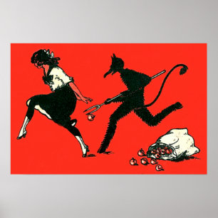 Rode Krampus achtervolgt vrouw appels Poster