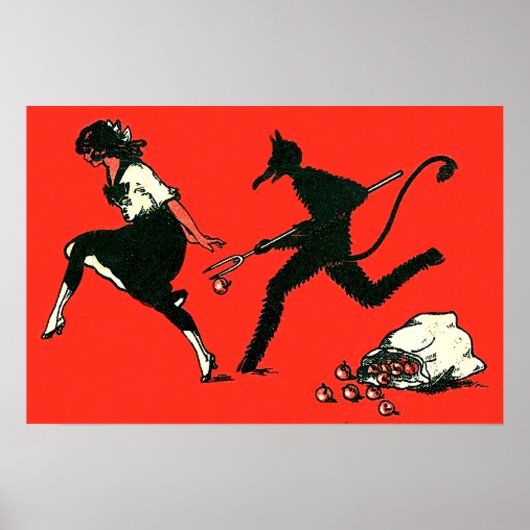 Rode Krampus achtervolgt vrouw appels Poster (Voorkant)