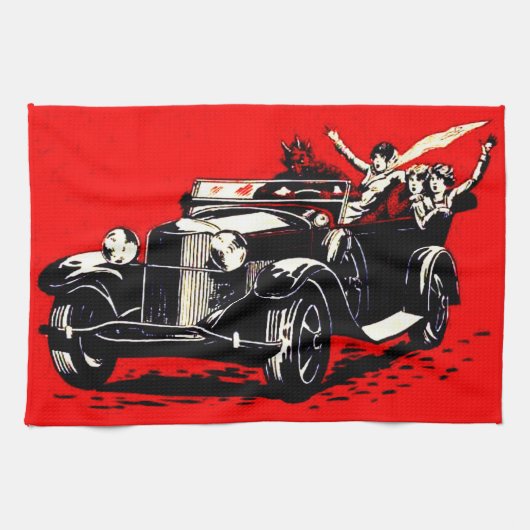 Rode Krampus Ontvoert Vrouwen Auto Theedoek (Horizontaal)