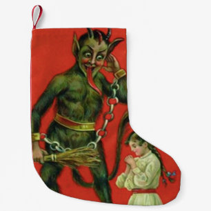 Rode Krampus straft biddend meisje Kleine Kerstsok