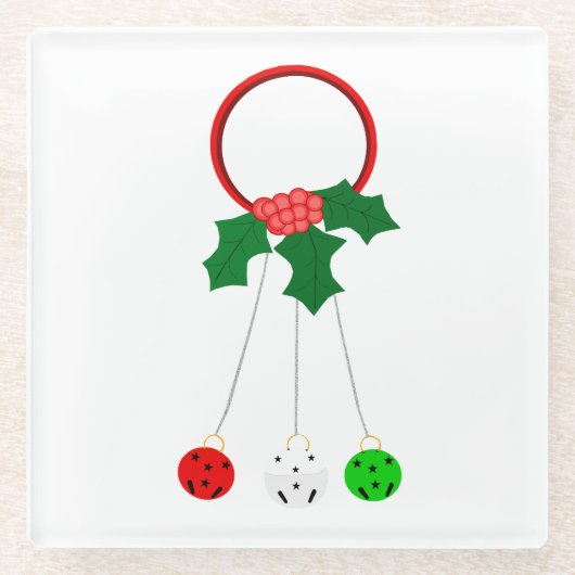 Rode krans en Jingle Bells Wit Onderzetter Glazen Onderzetter (Voorkant)