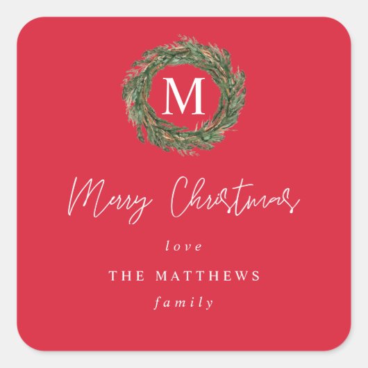 Rode Krans Monogram Kerstmis Cadeau Vierkante Sticker (Voorkant)