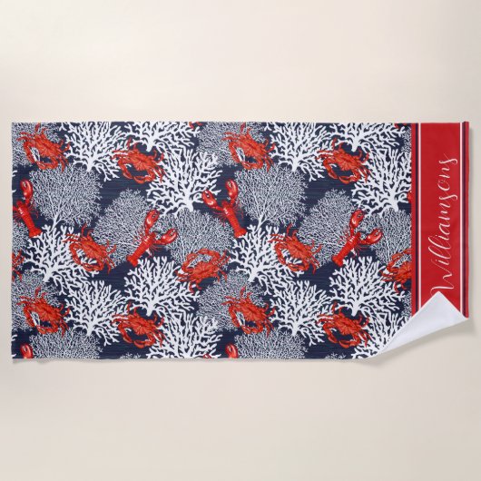 Rode kreeft kreeft koraal patroon marineblauw pers strandlaken (Voorkant)