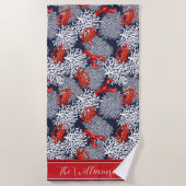 Rode kreeft kreeft koraal patroon marineblauw pers strandlaken (Voorkant)