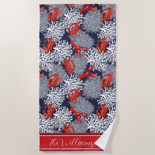 Rode kreeft kreeft koraal patroon marineblauw pers strandlaken (Voorkant)