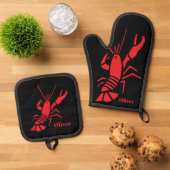 Rode kreeft logo gepersonaliseerde keuken ovenwant & pannenlap set (Top down)