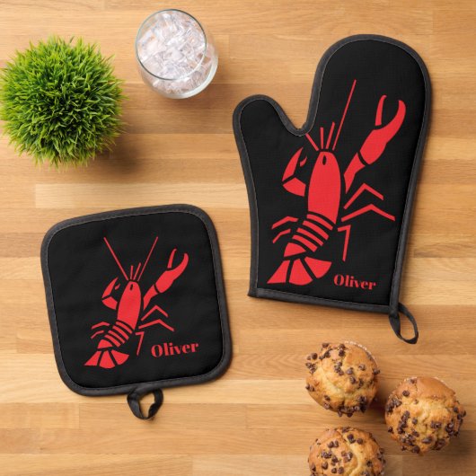 Rode kreeft logo gepersonaliseerde keuken ovenwant & pannenlap set (Top down)