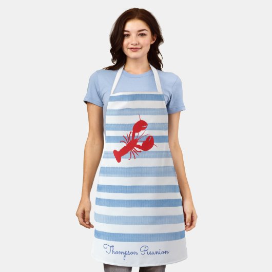 Rode kreeft NAAM Reunion Strepen Blauw Wit Preppy Schort (Gedragen)