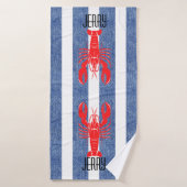 Rode Kreeft op Blauwe Witte Denim Strepen Badhanddoek (Badhanddoek)