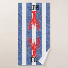 Rode Kreeft op Blauwe Witte Denim Strepen Badhanddoek