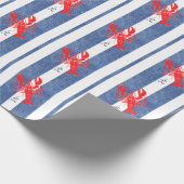 Rode Kreeft op Blauwe & Witte Denim Strepen Cadeaupapier (Hoek)