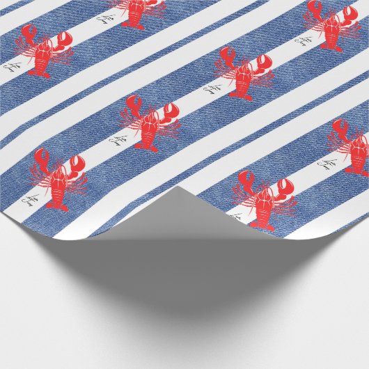 Rode Kreeft op Blauwe & Witte Denim Strepen Cadeaupapier (Hoek)