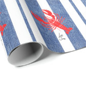 Rode Kreeft op Blauwe & Witte Denim Strepen Cadeaupapier (Rol Hoek)
