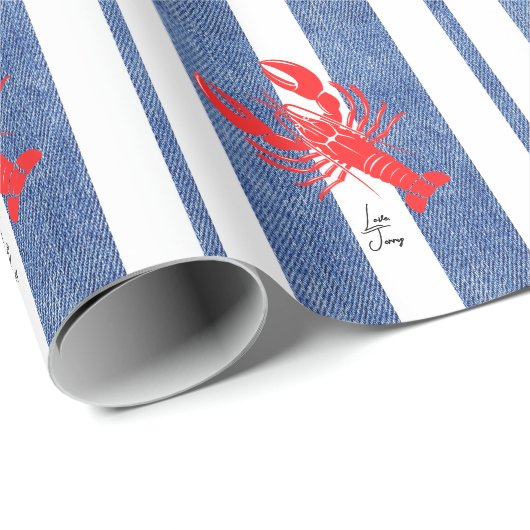 Rode Kreeft op Blauwe & Witte Denim Strepen Cadeaupapier (Rol Hoek)