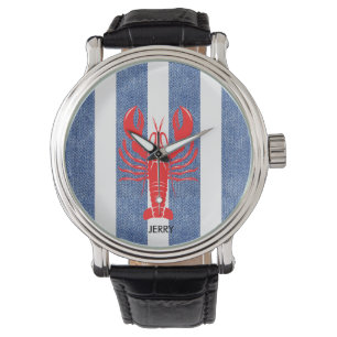 Rode Kreeft op Blauwe & Witte Denim Strepen Horloge