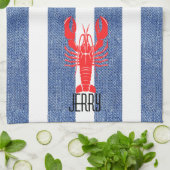 Rode Kreeft op Blauwe Witte Denim Strepen Theedoek (Gevouwen)