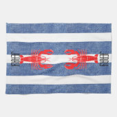 Rode Kreeft op Blauwe Witte Denim Strepen Theedoek (Horizontaal)