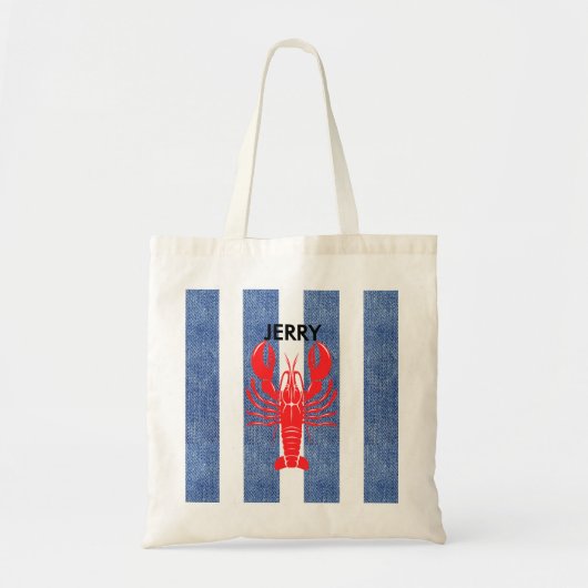 Rode Kreeft op Blauwe & Witte Denim Strepen Tote Bag (Voorkant)
