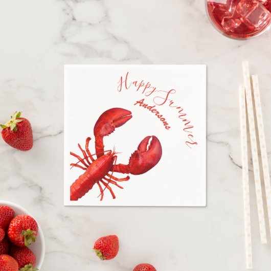 Rode kreeft op witte gelukkige zomernaam servet (Insitu)