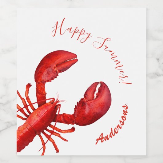 Rode kreeft op witte gelukkige zomernaam wijn etiket (Enkel label)