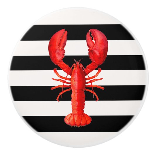 Rode kreeft op zwarte witte zeegrepen keramische knop (Voorkant)