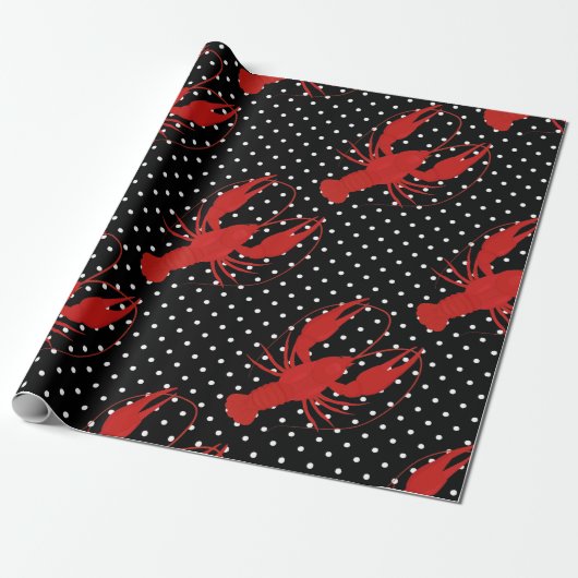 Rode kreeft polka dots zwart cadeaupapier (Uitgerold)