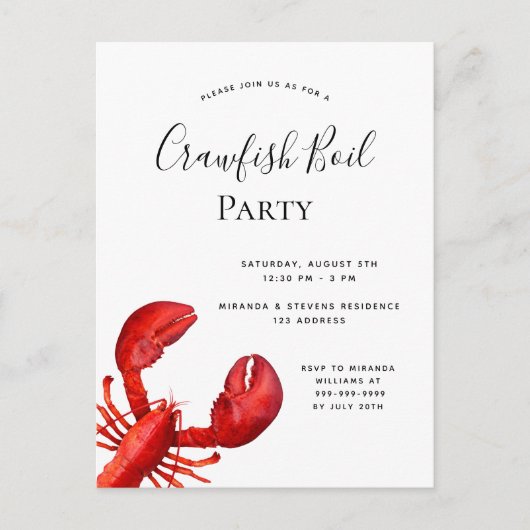 Rode kreeft wit uitnodiging briefkaart (Voorkant)