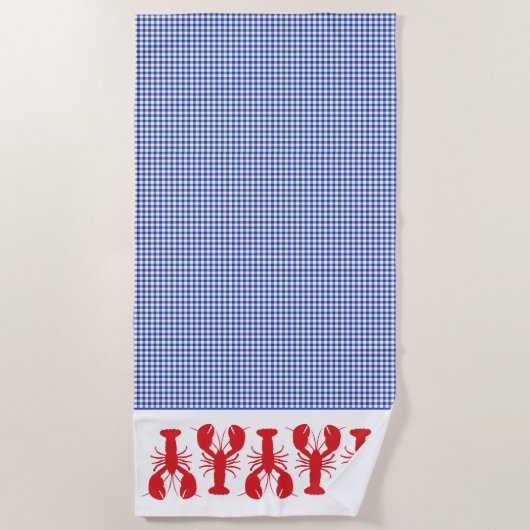 Rode kreeften Blauw Wit Check Kustreizen Strandlaken (Voorkant)