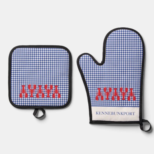 Rode kreeften Kuststad NAAM Check Maine Fun Ovenwant & Pannenlap Set (Voorkant)