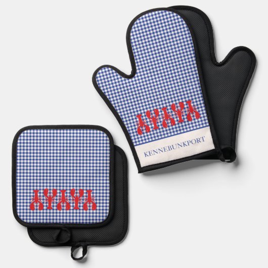 Rode kreeften Kuststad NAAM Check Maine Fun Ovenwant & Pannenlap Set (Voorkant / Achterkant)