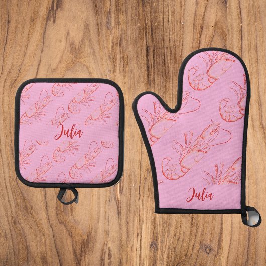 Rode kreeften- Naam toevoegen Oven Mitt & Pot Hol Ovenwant & Pannenlap Set
