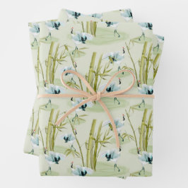 Rode Kroon Japanse Kraanvogels Met Bamboe Patroon Inpakpapier Vel