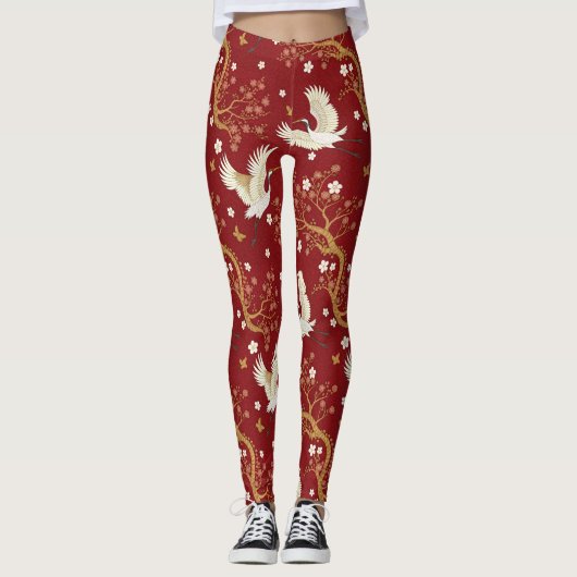 Rode Kroonkraan Sakura Patroon (1) Leggings (Voorkant)