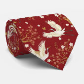 Rode Kroonkraan Sakura Patroon (1) Stropdas (Opgerold)