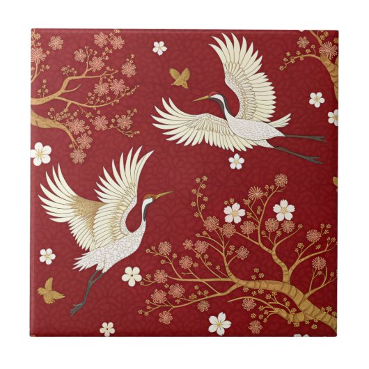 Rode Kroonkraan Sakura Patroon (1) Tegeltje (Voorkant)