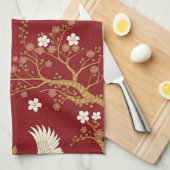 Rode Kroonkraan Sakura Patroon (1) Theedoek (Quarter Fold)