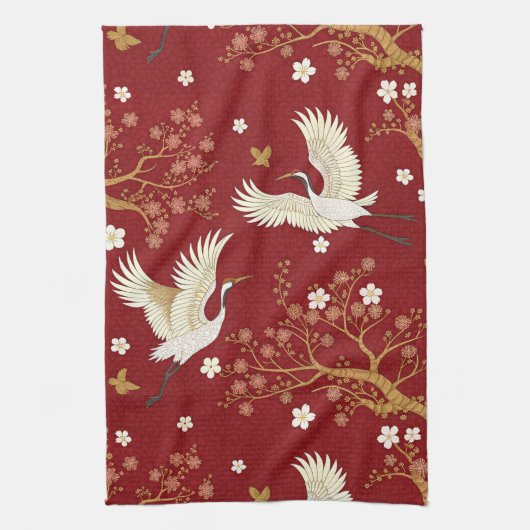 Rode Kroonkraan Sakura Patroon (1) Theedoek (Verticaal)