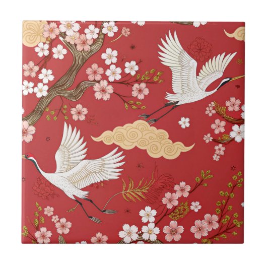 Rode Kroonkraan Sakura Patroon (2) Tegeltje (Voorkant)