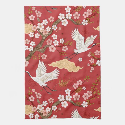 Rode Kroonkraan Sakura Patroon (2) Theedoek (Verticaal)