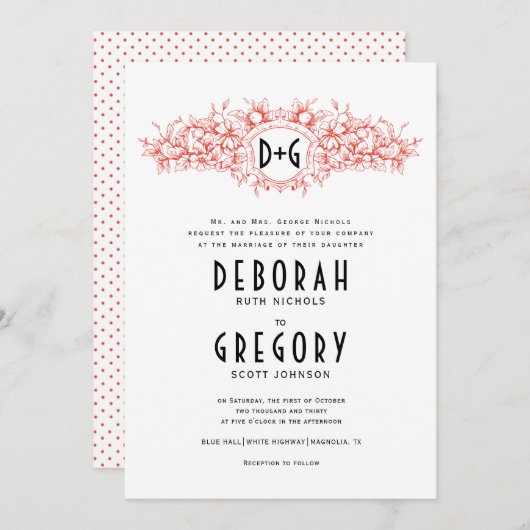 Rode  kruidkreeft en initialen bruiloft kaart (Voorkant / Achterkant)