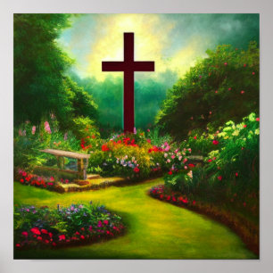 Rode Kruis in een prachtig Poster van een tuin